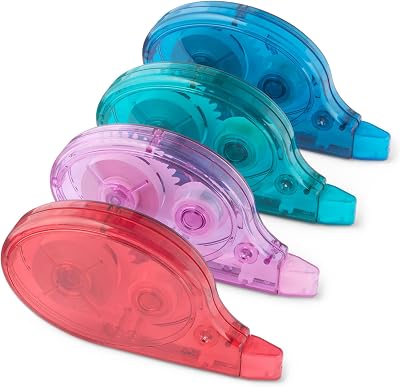 Ruban correcteur, Lot de 4, Rouleau, Stylo, Style Souris, Séchage Instantané, 12m de Long, Vert, Violet, Rouge, Bleu