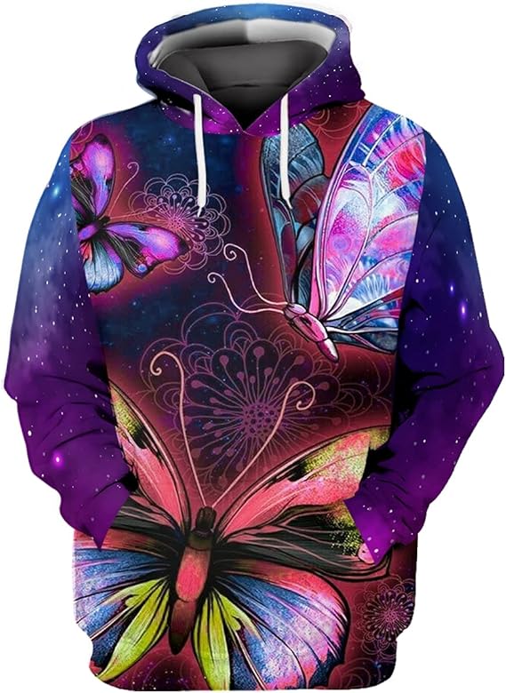 butterfly print drawstring hem hoodie