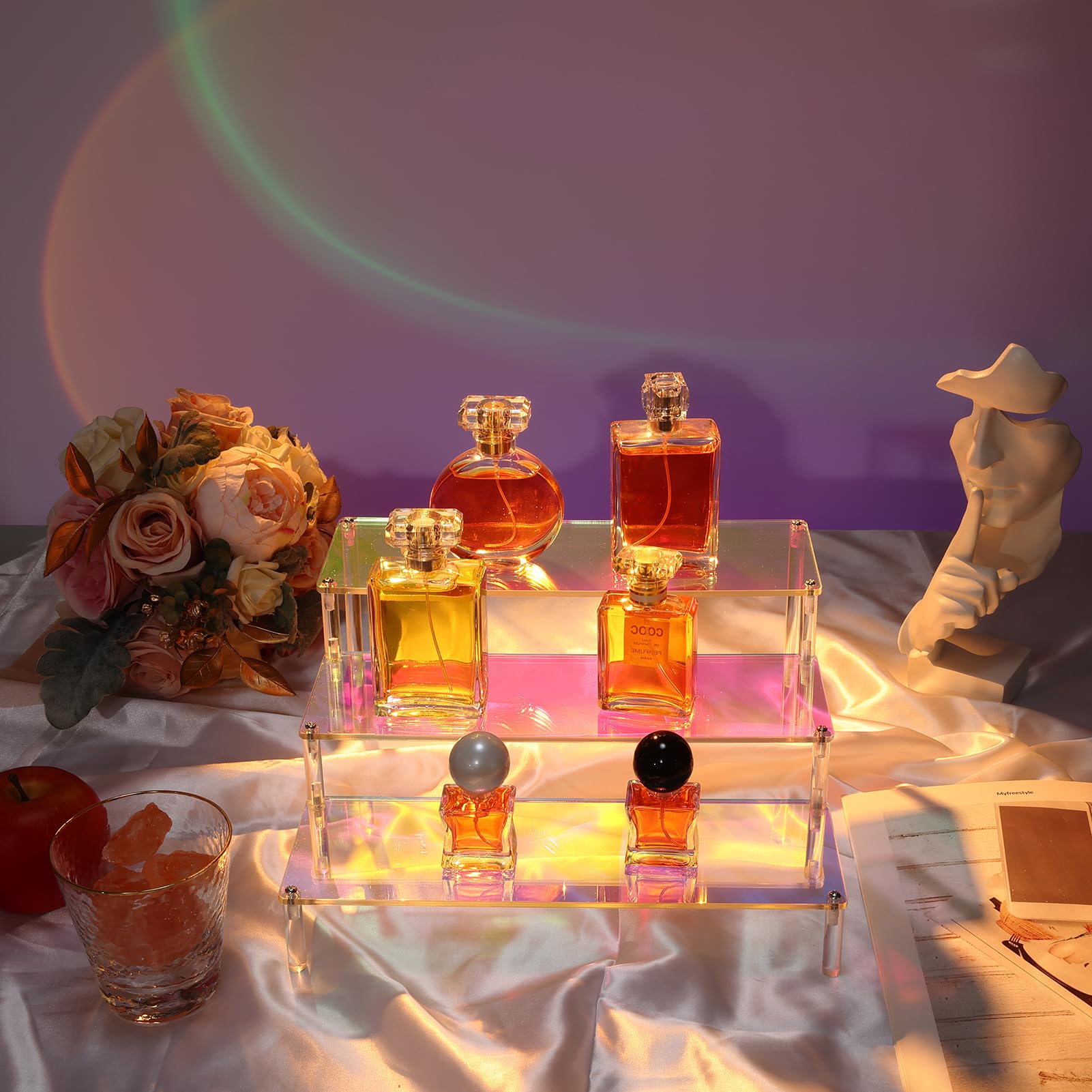 MESISEPHELE Acrylic Risers Display Stands, 2 Packs 3 Tier Rainbow Display Shelf for Cupcake Stand Perfume Organizer Anime Figures Collectibles Iridescent Display for Jewelry and Cosmetic