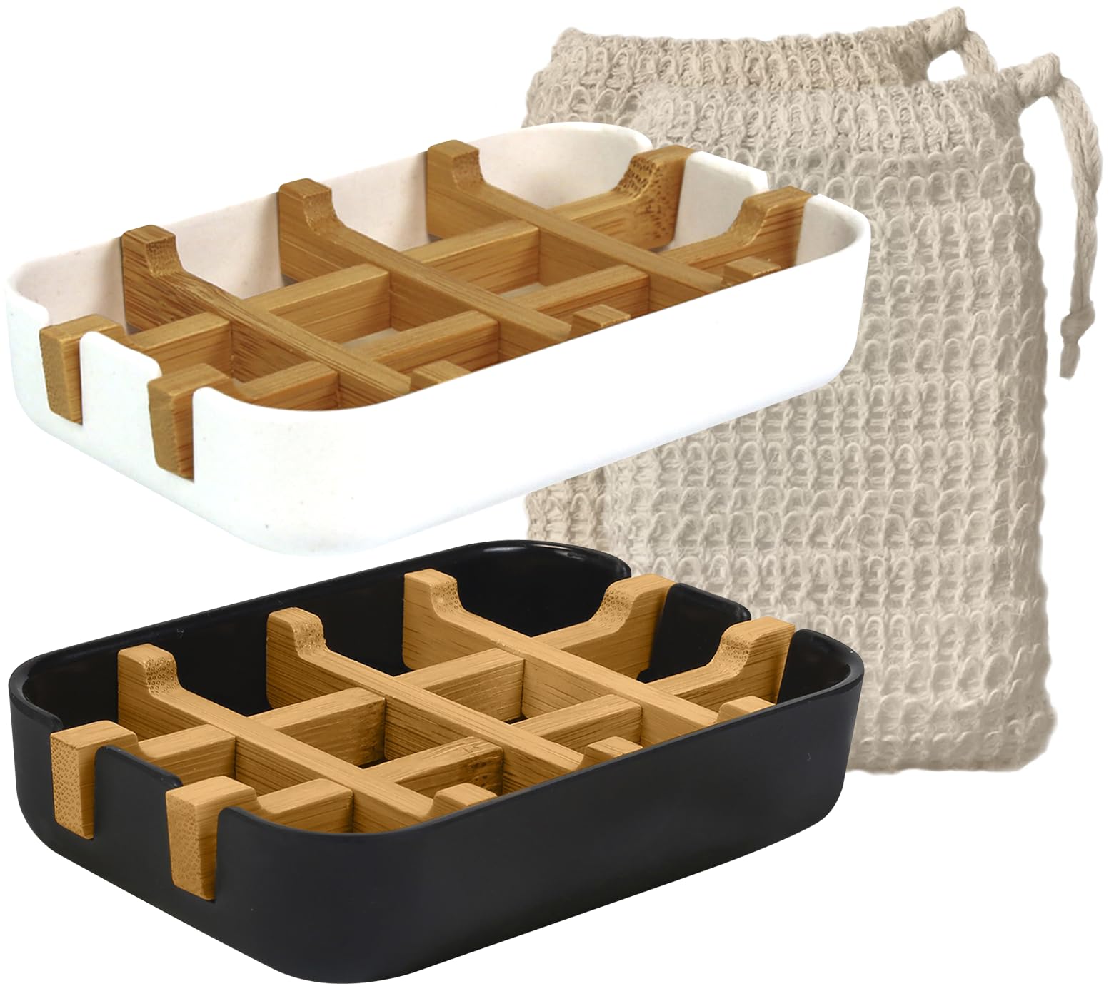 EDARTO® 2 Soap Dishes Sustainable, Environmentally Friendly Made of Natural Bamboo Wood and Corn Starch with Drip Tray + 2 x Sisal Soap Bags / Soap Bags