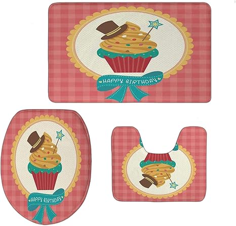 Amazon カップケーキ バスルーム3pcセットバスラグセット おいしいタータンの背景にお誕生日おめでとう書道ホイップクリームとフロスティング 小 50x80cm トイレマット タンクカバー ホーム キッチン オンライン通販