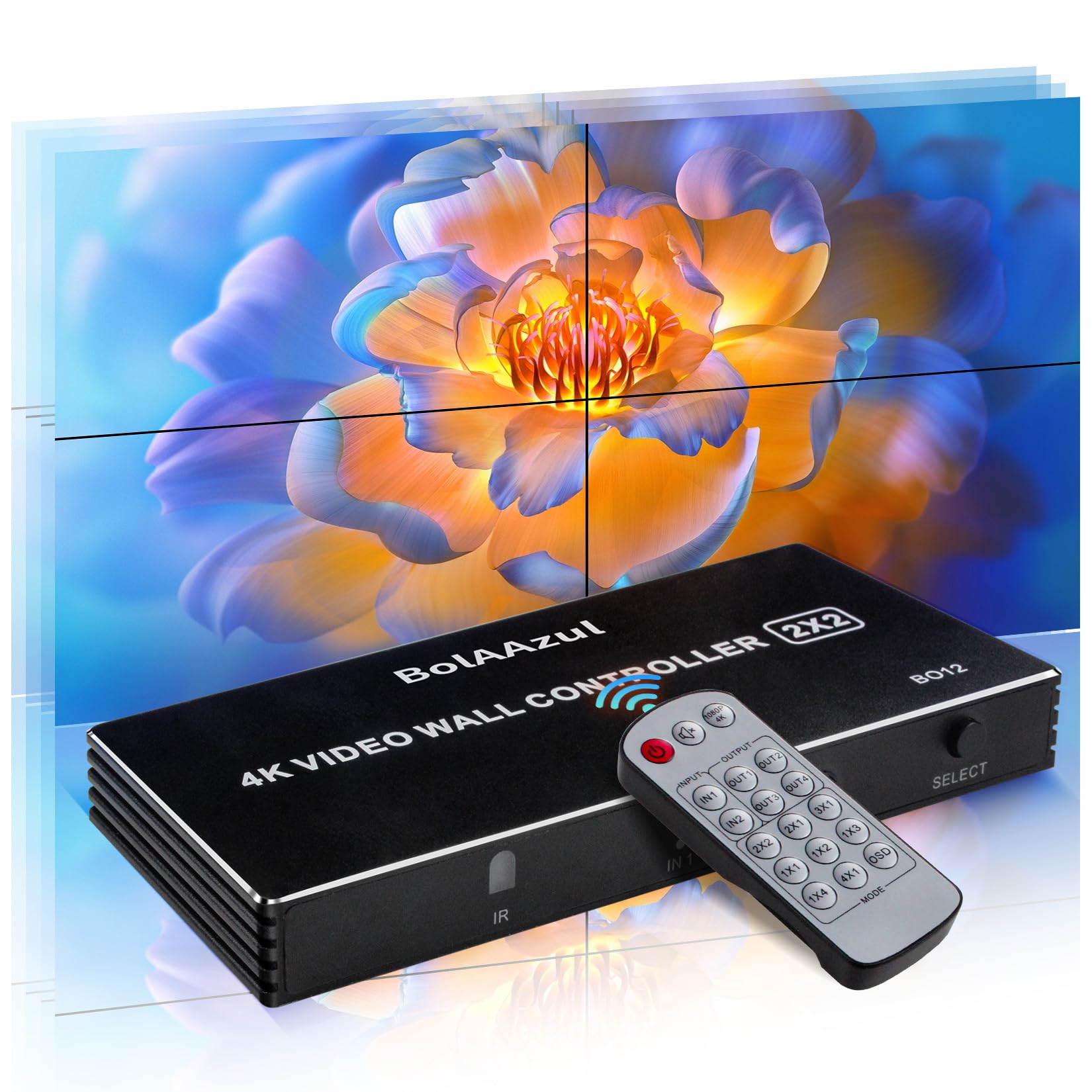 Video Wall Controller 2x2 4K, BolAAzuL HDMI Video Wall Processor with 8 Splicing Modes, 180° Rotate, Audio, IR Control, 1080P@60Hz 4 TV Screens into 1 Wall Display 2x2, 1x2, 1x3, 1x4, 4x1, 3x1, 2x1