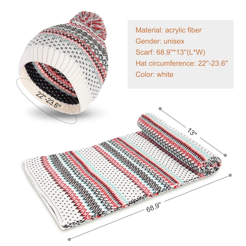 Vbiger Wintermütze klassische Beanie Mütze Damen Mütze und Schal Warm Strickmütze und Strickschal 2 PCS, Weiß+, Einheitsgröße