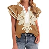 Cicy Bell Womens Ruffle Color Block Blouses Summer Casual V Neck Floral Print Tank Tops Pleated Loose Fit Shirts