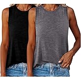 UXQIEN 2 Pack Womens Tank Tops Summer Beach Vacation Shirts Sleeveless Basic Crewneck Loose Fit Tunics Casual Outfits