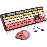 Wireless Keyboard and Mouse, MOFII 104 Round Keycaps Retro Typewriter with OTG & Brush, Full-Size Ergonomic, Ideal for Windows PC, Home, Office and College Rainbow Red