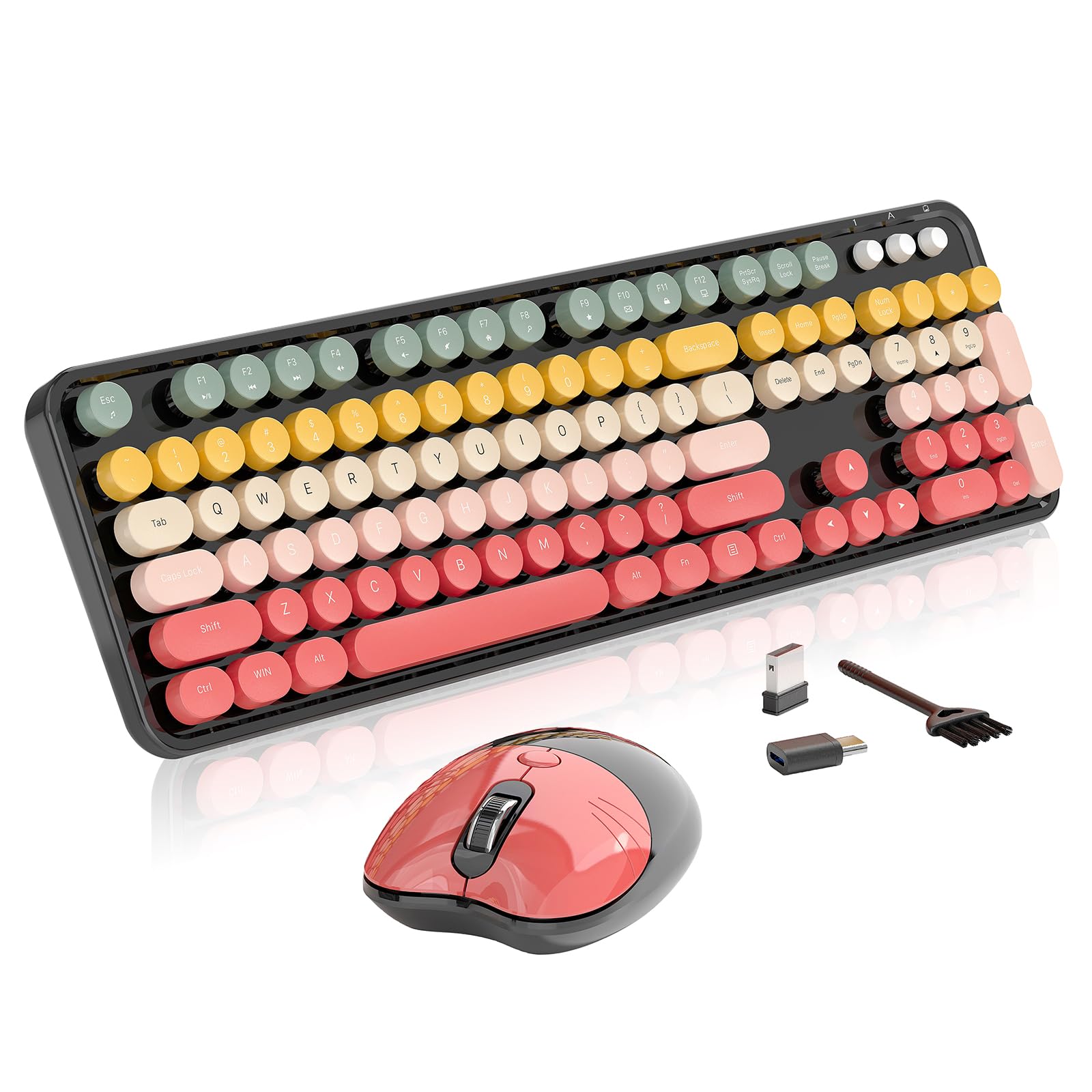 Photo 1 of Wireless Keyboard and Mouse, MOFII 104 Round Keycaps Retro Typewriter with OTG & Brush, Full-Size Ergonomic, Ideal for Windows PC, Home, Office and College Rainbow Red