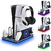 PlayStation Portal Charger, PS5 Stand and Cooling Station with RGB LED Controller Charging Dock Accessories, PS5 Edge Controller and PS Portal Charger, Headset and Remote Holders