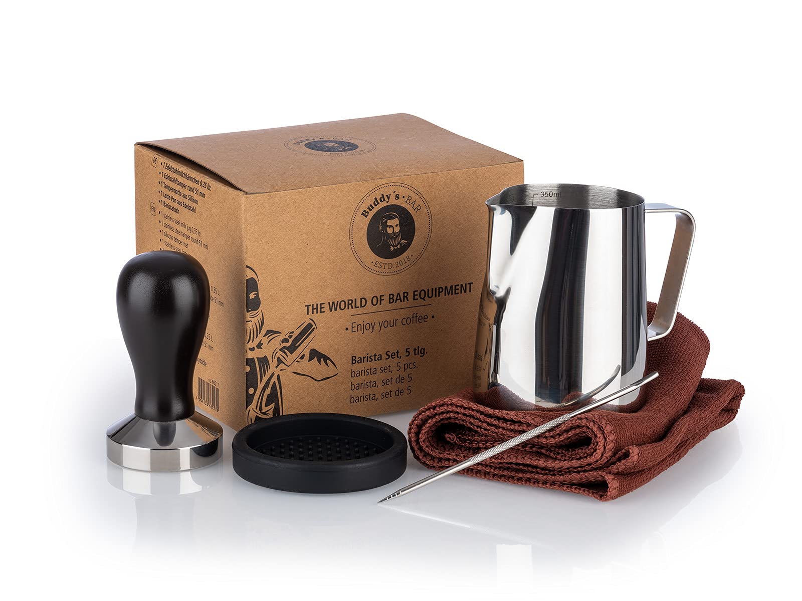 Buddy´s Bar - Barista Edition, Premium Barista Set, 5 Pieces, Milk Jug 0.35 Litres, Coffee Stamp, Tamper Diameter 51 cm, Stainless Steel, Silicone Tamper Mat, Coffee Needle L: 13.5 cm, Hand Towel