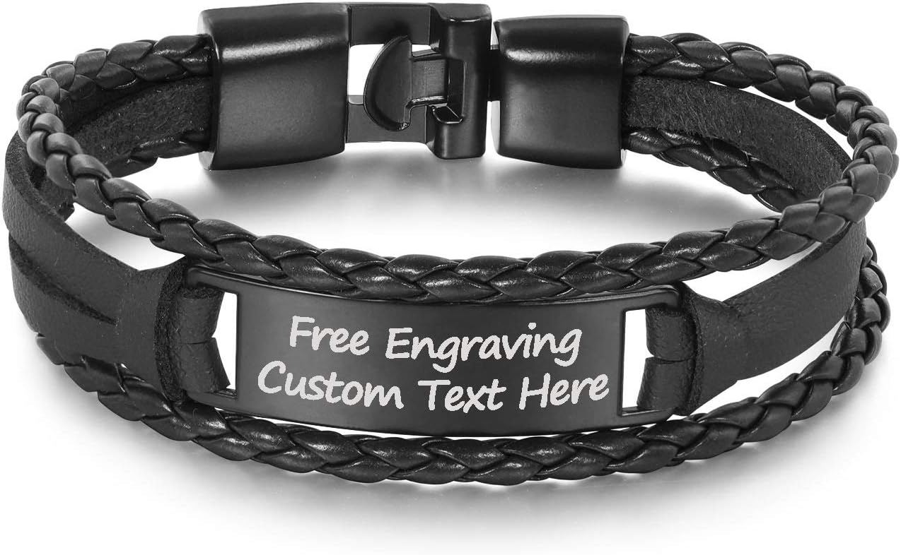 GAGAFEEL Leather Cuff Bracelet Braided Rope Custom Engraved Logo ID Stainless Steel Bangle DIY Birthday Xmas Gift