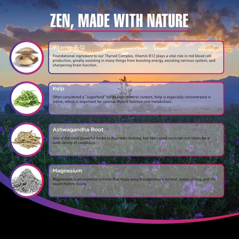 Thyroid Support Supplement | Unique Formula Forged for Focus, Energy and Metabolism | Vitamin B12 , Zinc, Ashwagandha, Iodine - Gluten Free, Made in the USA By Zen Nutrition