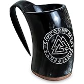 Viking Drinking Horn Mug 34 oz – Authentic Handmade Ox Horn Beer Tankard & Mead Cup with Engraved Design – Medieval Norse Ale Horn for Hot & Cold Drinks, Rustic Viking Gift for Men & Women