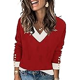 AKEWEI Womens V Neck Sweaters Long Sleeve Lightweight Knit Pullover Tops with Decorative Buttons
