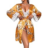 ChiaoLezhee Women's Silk Satin Pajama Sets, Sexy Lace Lingerie with Printed Robe, 3 Piece Pjs for Bridal Shower Gifts