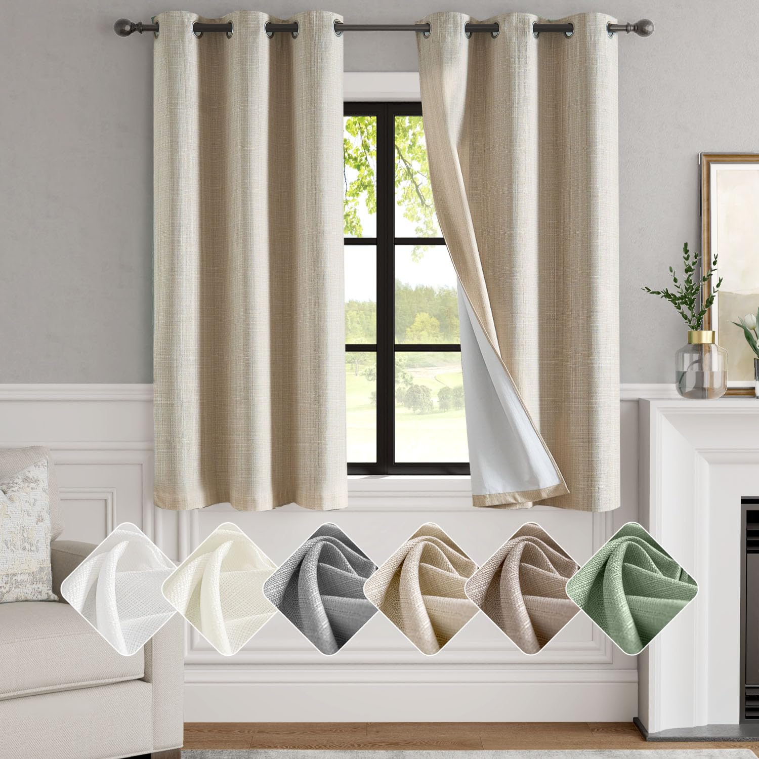 jinchan 100% Blackout Curtains for Bedroom Living Room Linen Blackout ...