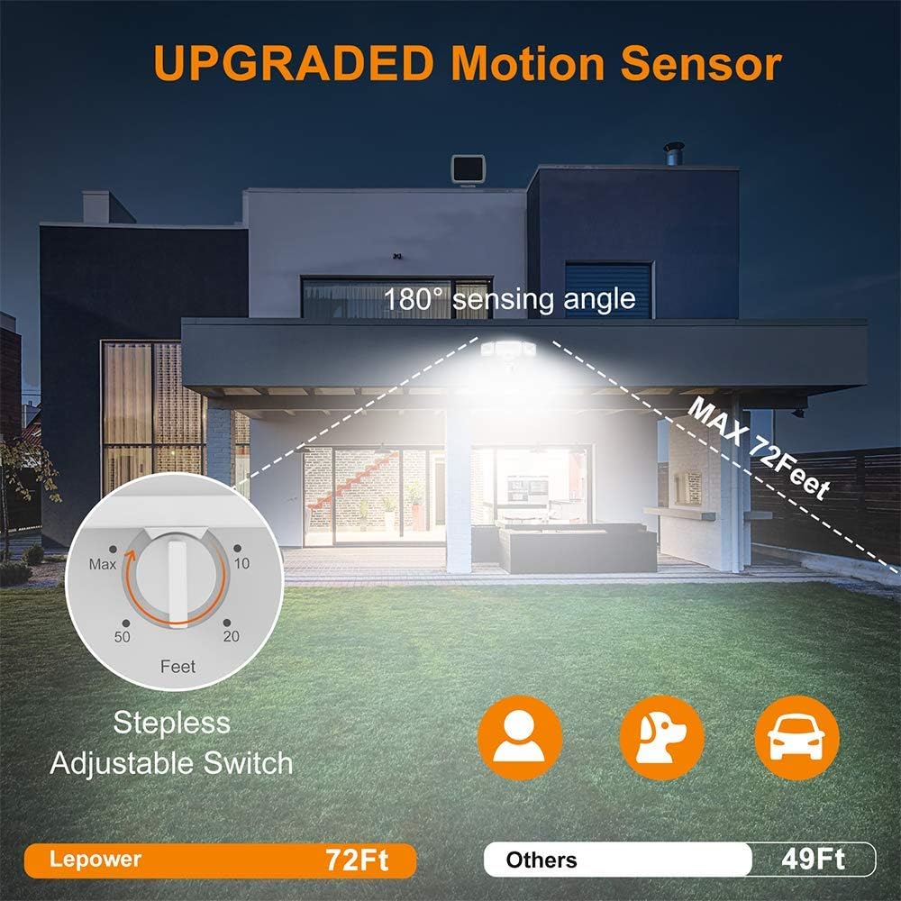 LEPOWER 1600LM LED Solar Security Lights Motion Outdoor, Super Bright Solar Motion Sensor Light, 5500K White Light, IP65 Waterproof Flood Light with 3 Adjustable Head for Yard, Garage - - 