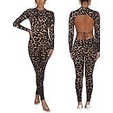 Womens Jumpsuit Long Sleeve One Piece Jumpsuits Leopard Print Sexy Backless Bodycon High Waisted Club Outfits Catsuits