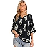 Allegra K Boho Tops for Women Summer 3/4 Sleeve V Neck Vacation Bohemian Peasant Casual Loose Blouses
