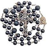 Nazareth Store Onyx Beaded Rosary Necklace with Holy Soil Medal & Vintage Cross Crucifix Catholic Prayer Beads Handmade Spiritual Jewelry Religious Gift for Men & Women