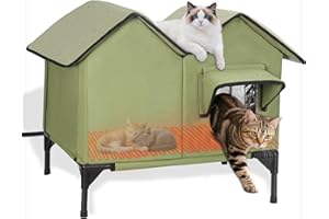 VILRAK Large Heated Cat House for Outside in Winter, Elevated Insulated Heated Outdoor Cat House Weatherproof with Heating Pad, Waterproof Outdoor Cat Shelter for Multiple Cats Small Dogs(Green)
