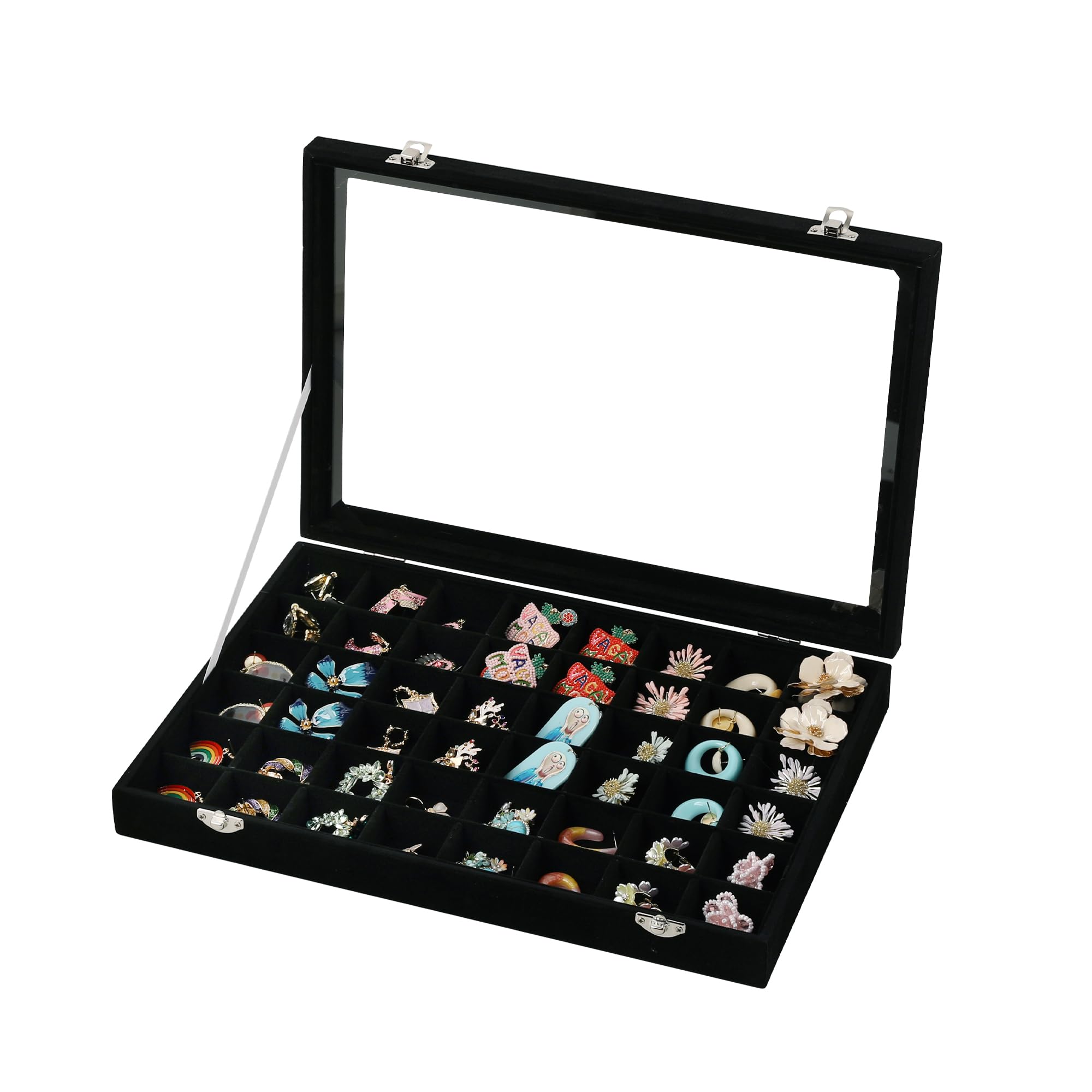 Photo 1 of Frebeauty 48 Grid Jewelry Tray,Adjustable Earring Holder Organizer with Glass Lid,Velvet Drawer Jewelry Organizer for Rings,Studs,13.8 x 9.5 x 2 Inches Jewelry Display Box,Gift for Women(Black)