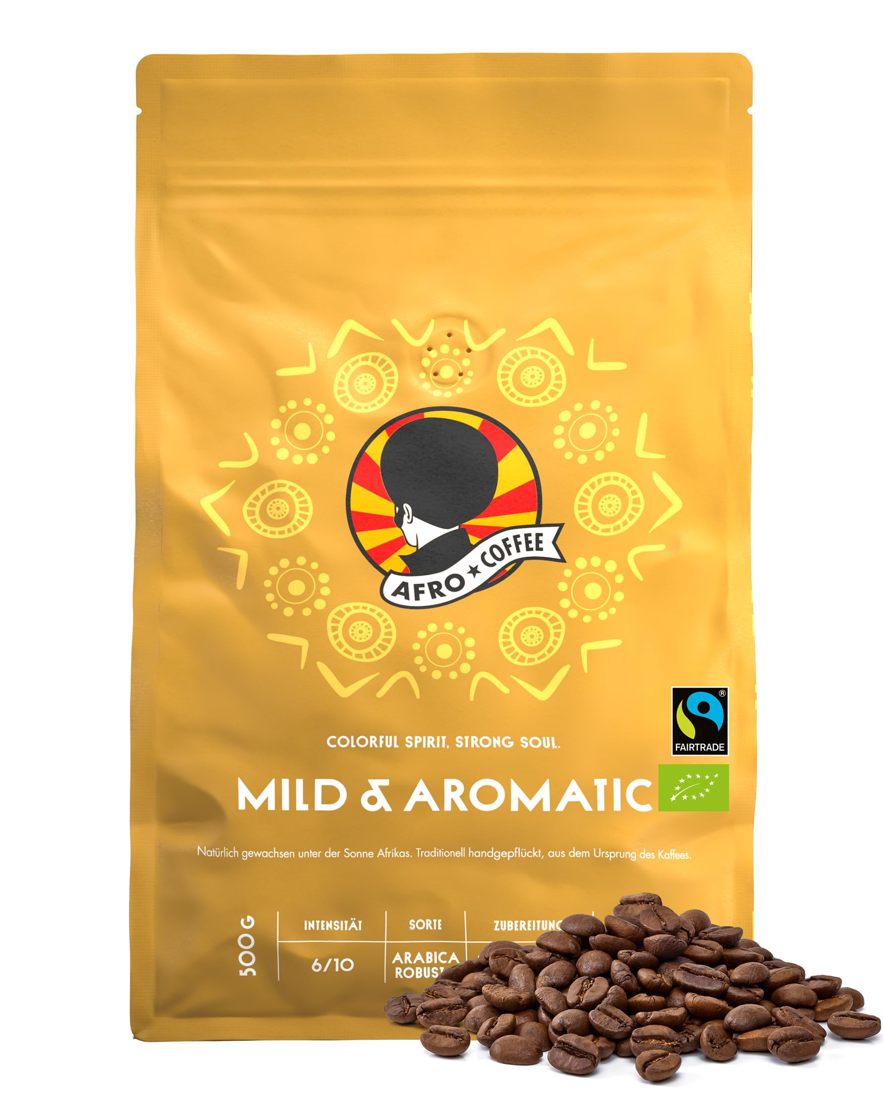 AFRO COFFEE Mild & Aromatic I 500g Premium Bio Kaffeebohnen Fairtrade I Arabica & Robusta Kaffee ganze Bohnen I Bohnenkaffee aus Ostafrika mit blumiger Note I handgepflückt, mittel geröstet, säurearm