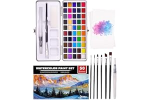 Dynta Watercolor Painting Set 50 Colors in Metal Box Portable Pigment Kit Including Water Color Paper and Brushes for Kids Beginners Students Artists, Ideal Gift for Birthdays, Christmas, Holidays