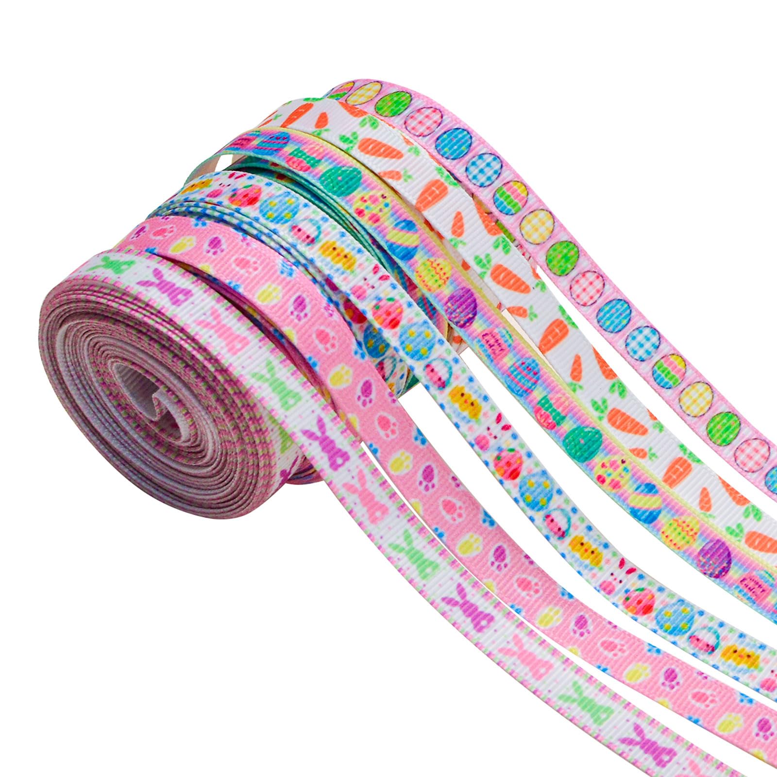 WANDIC 6 Rolls Easter Grosgrain Ribbons, 5 Yards Easter Single Sided Stripe Webbing Easter Gift Wrapping Tape Rabbit Egg Pattern Ribbons for Party Egg Decoration