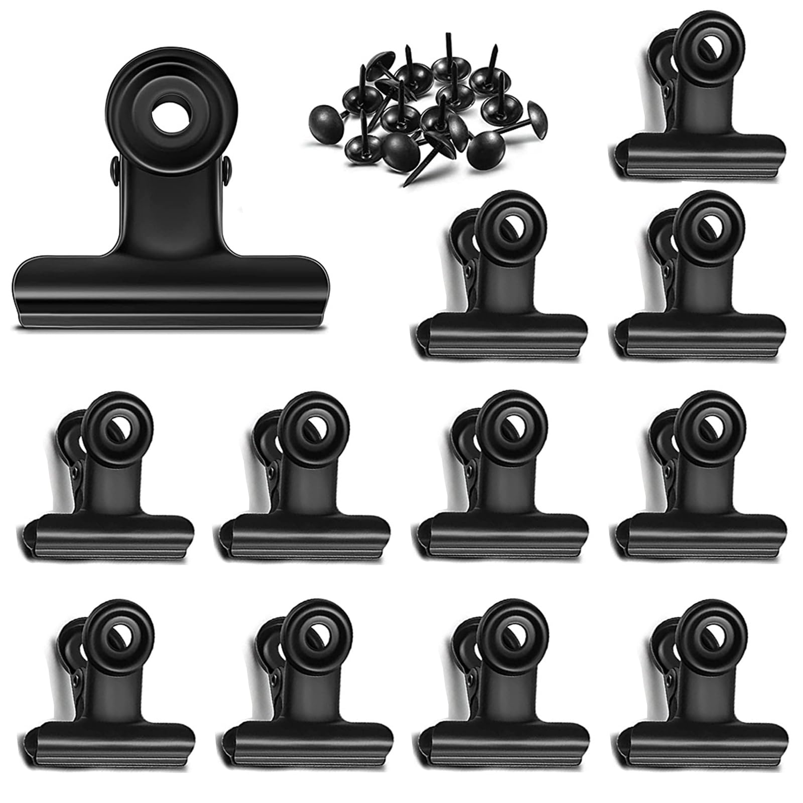 Bulldog Clips with Hole for Push-pin, Paper File Clips with Strong Spring, Small Metal Binder Clips, Seal Clamps for Coffee Tea Food Bags, Decorative Clips for DIY Photo Grid (Black, 38mm)