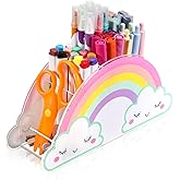 COMNICO Pencils Holder for Desk, Acrylic Pencil Holder Rainbow Desktop Table Supply Caddy Desk Organizer Art Storage Box Accessories for School Office Home