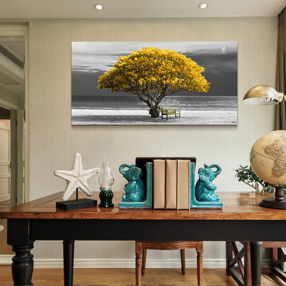 Hyidecorart Wall art for living room Decorations Photo Prints - panoramic black and white with yellow trees The moon scenery - Modern Home Decor The room Stretched and Framed Ready to Hang artwork 30X60inches