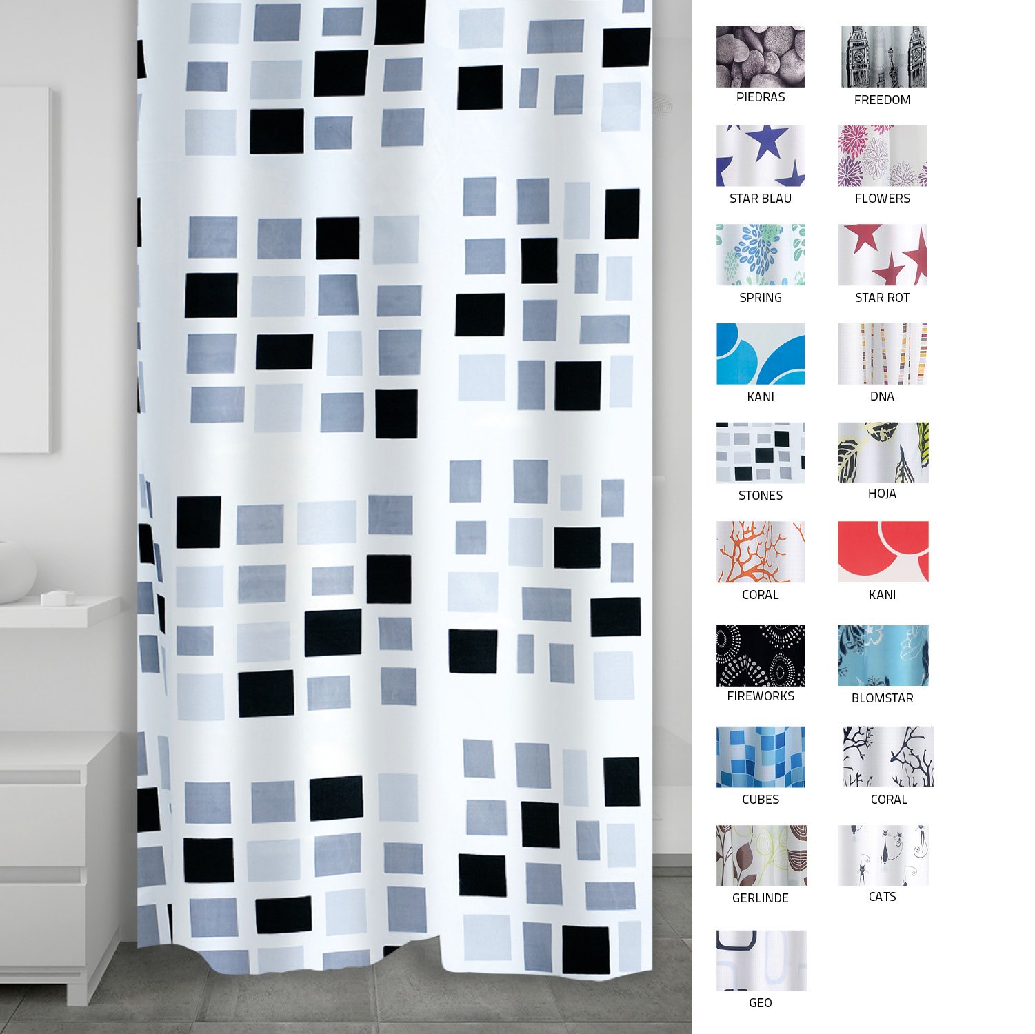 Aquamod Stones 140320 Shower Curtain 180 x 200 cm Fabric Black / Grey
