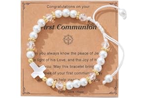 AULSIEY Cross Pearl Bracelet, First Communion Gifts, Baptism, Easter Gifts for Teen Girls, Faith Christian Religious Bracelet for Girls