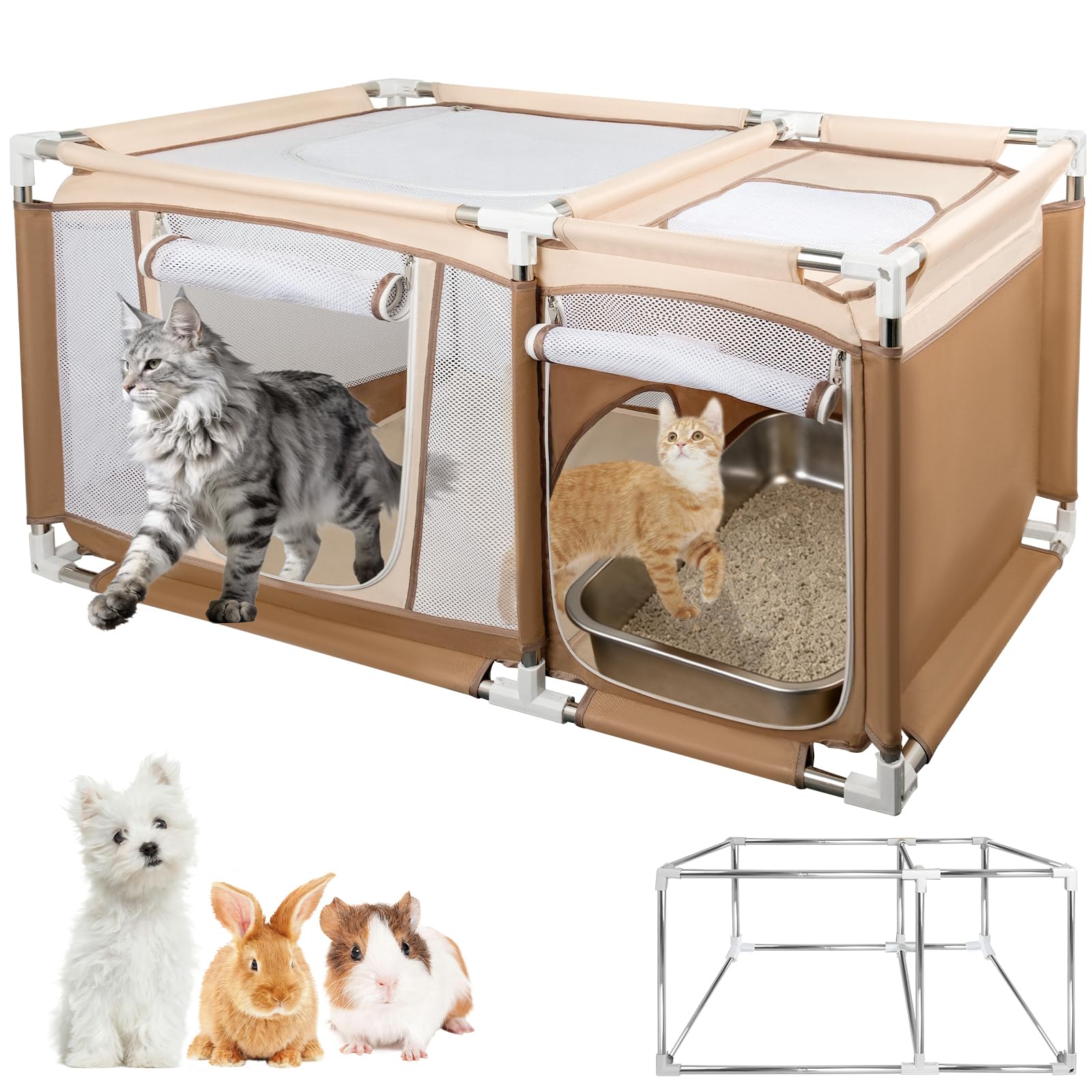 Photo 1 of **INCOMPLETE** 47.2"x30.1"x23.6" Sturdy Stainless Steel Frame Cat Playpen, 2-in-1 Large Cat Tent with Play & Litter Areas for Indoor Cats, Breathable Mesh Kitten Playpen with Removable Bottom Pad for Easy Cleaning
