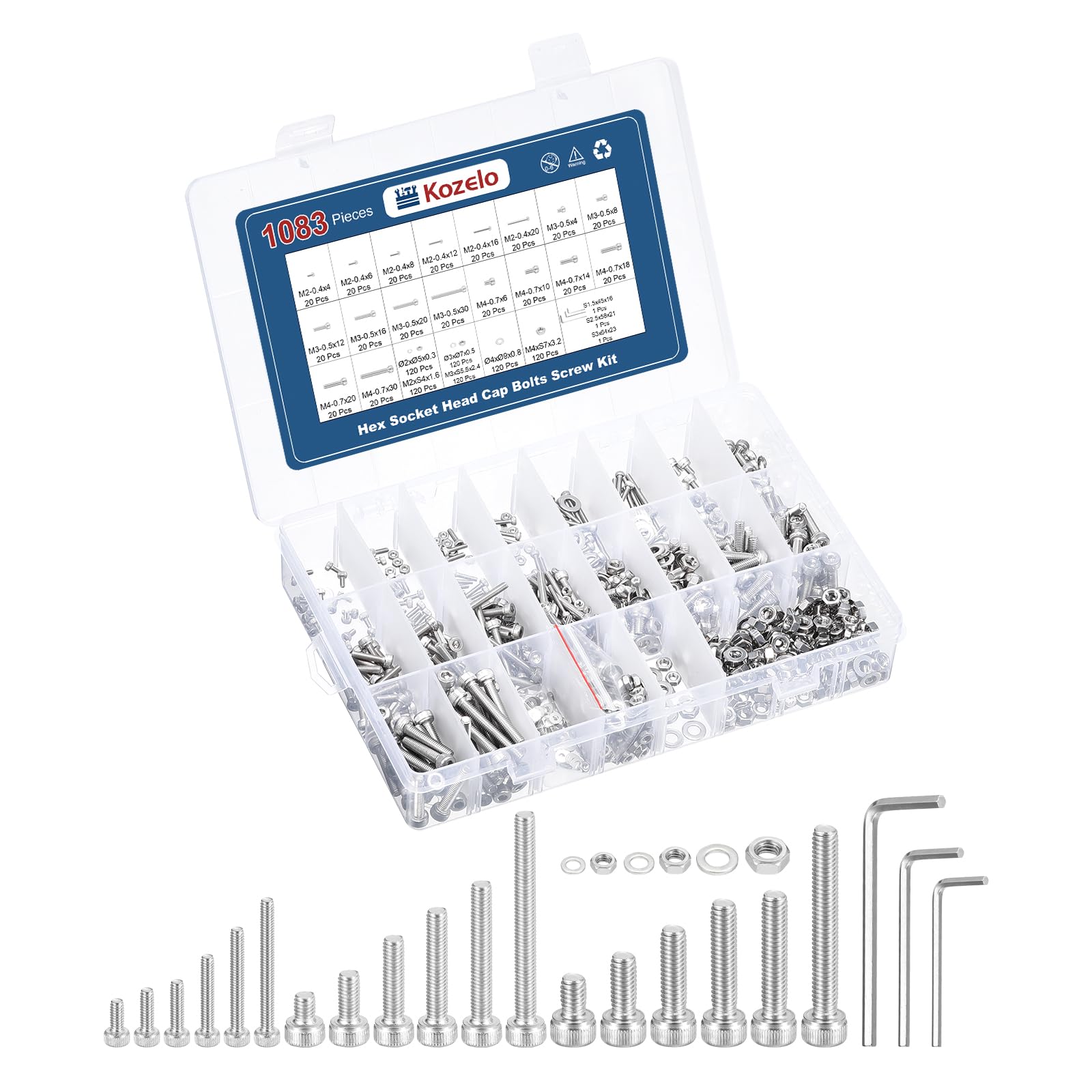Kozelo 1083pcs Socket Head Cap Screws Bolts Nuts Assortment Kit - [M2/M3/M4] 304 Stainless Steel Allen Socket Drive for 3D Printer with Allen Wrench