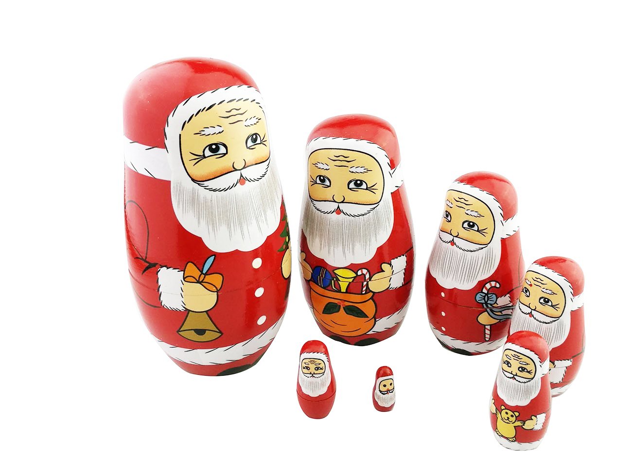 Winterworm Cute Creative Santa Claus's Bringing Kinds of Gifts to You Pattern Handmade Wooden Matryoshka Dolls Russian Nesting Dolls Set 7 Pieces for Kids Toy Birthday Home Decoration