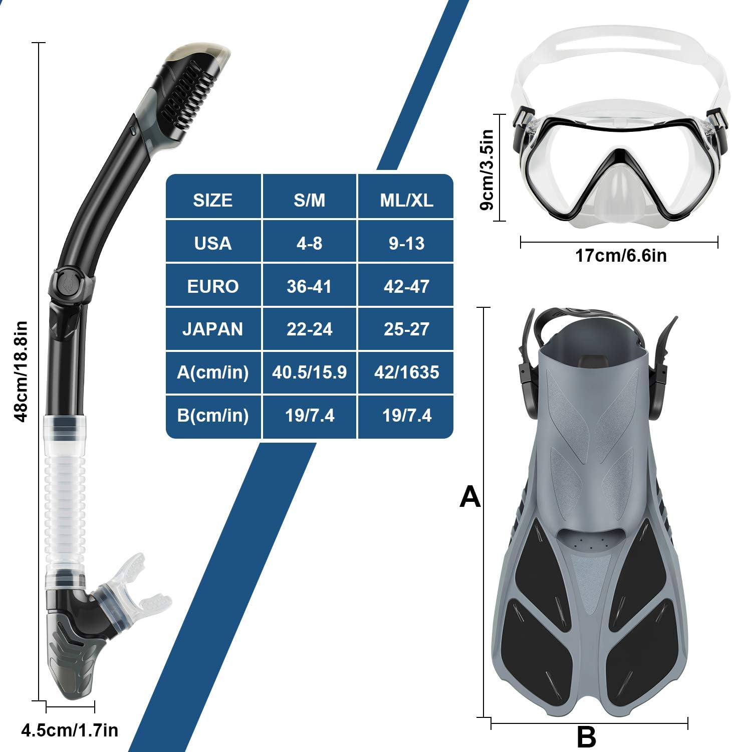 ZEEPORTE Mask Fin Snorkel Set with Adult Snorkeling Gear, Panoramic View Diving Mask, Trek Fin, Dry Top Snorkel +Travel Bags, Snorkel for Lap Swimming : Sports & Outdoors