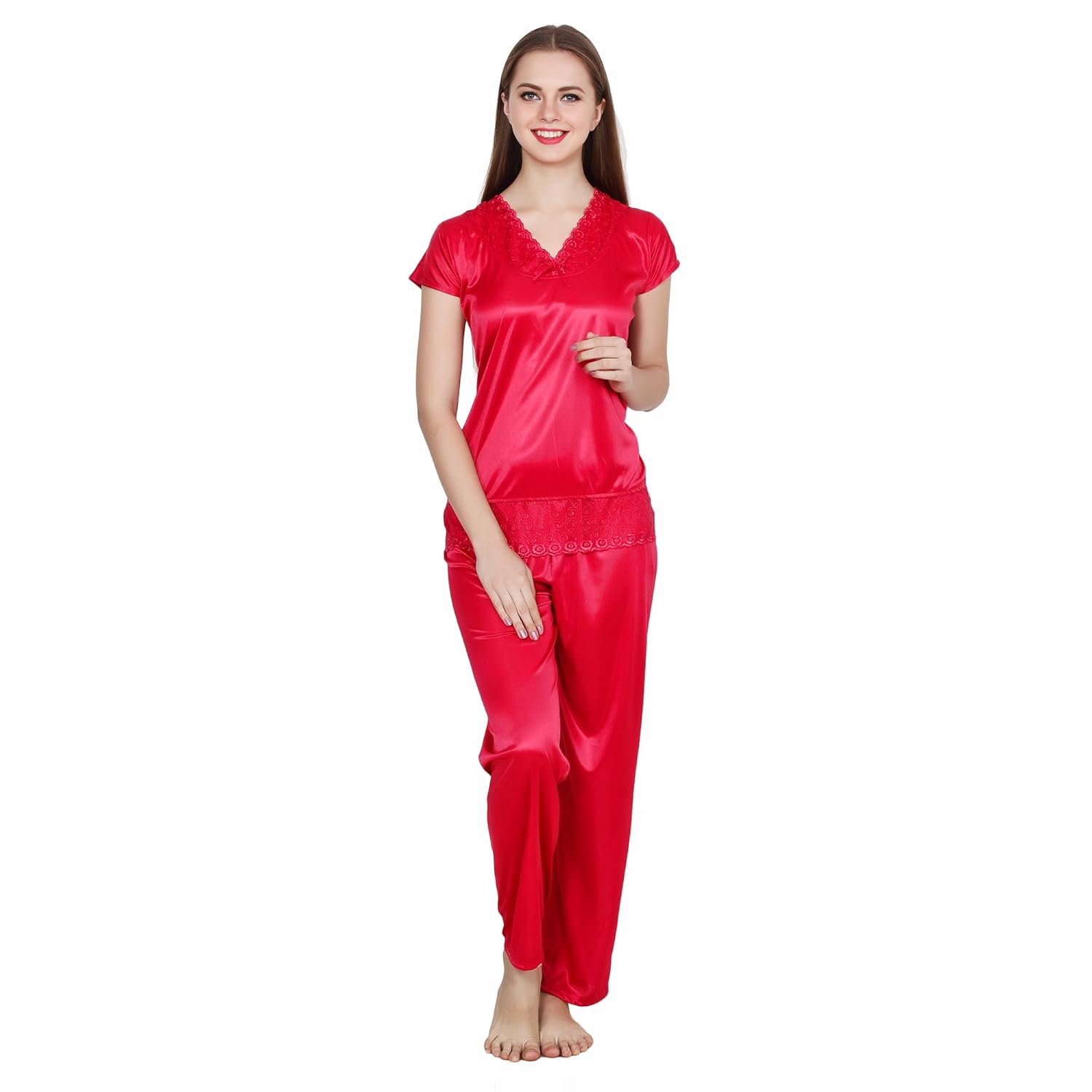 queen pretty women satin pyjama set - red