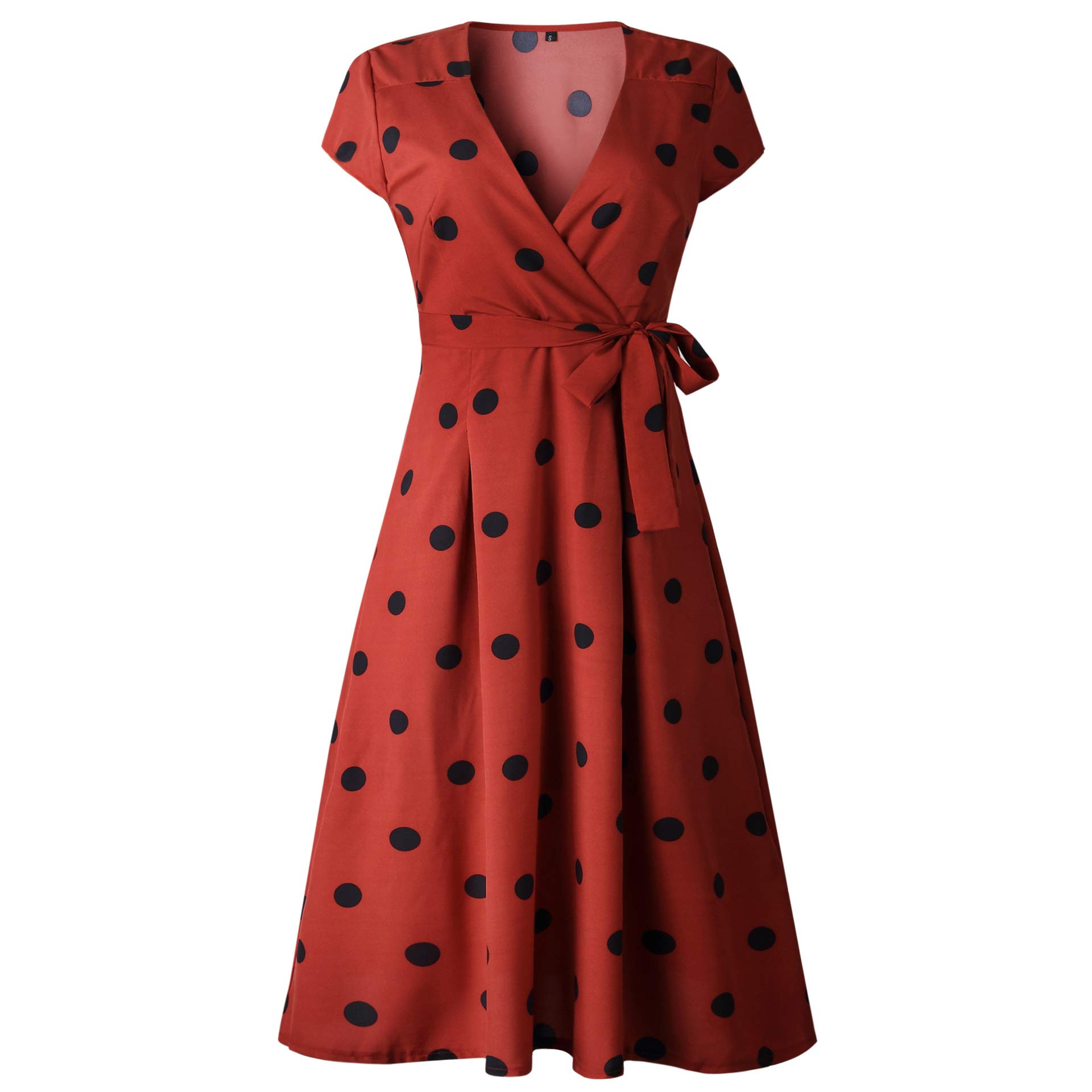 Women\'s Polka Dot Dress Vintage V Neck Pleated Wrap Dress A-Line Swing Midi Dress with Belt Brick Red L