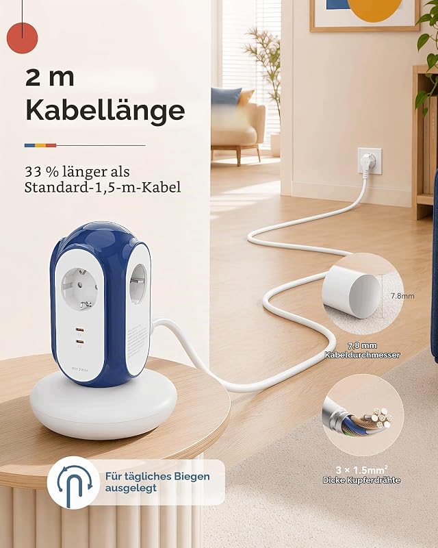 Steckdosenleiste mit 3 Steckdosen & 2 USB-C (30W Schnellladung), 3680W/16A, 1420J Überspannungsschutz, 479g Standfuß, 2 m Verlängerungskabel, Überlastschutz, kompatibel mit Typ C/E/F