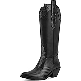 VOZTOLLS Western Cowboy Boots for Women Knee High Cowgirl Boots Pointed Toe Chunky Block Heel Fashion Retro Classic Pull On Tall Boot for Ladies Fall Winter