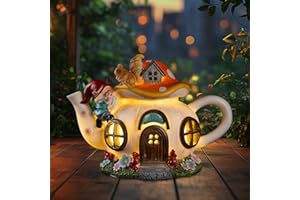 twinbling Mushroom Fairy House Garden Decor Solar Light – Outdoor Gnome Statue with Squirrel, Resin Teapot Decorative Figurine for Patio, Lawn, Yard & Balcony, for Women, Mom, and Home
