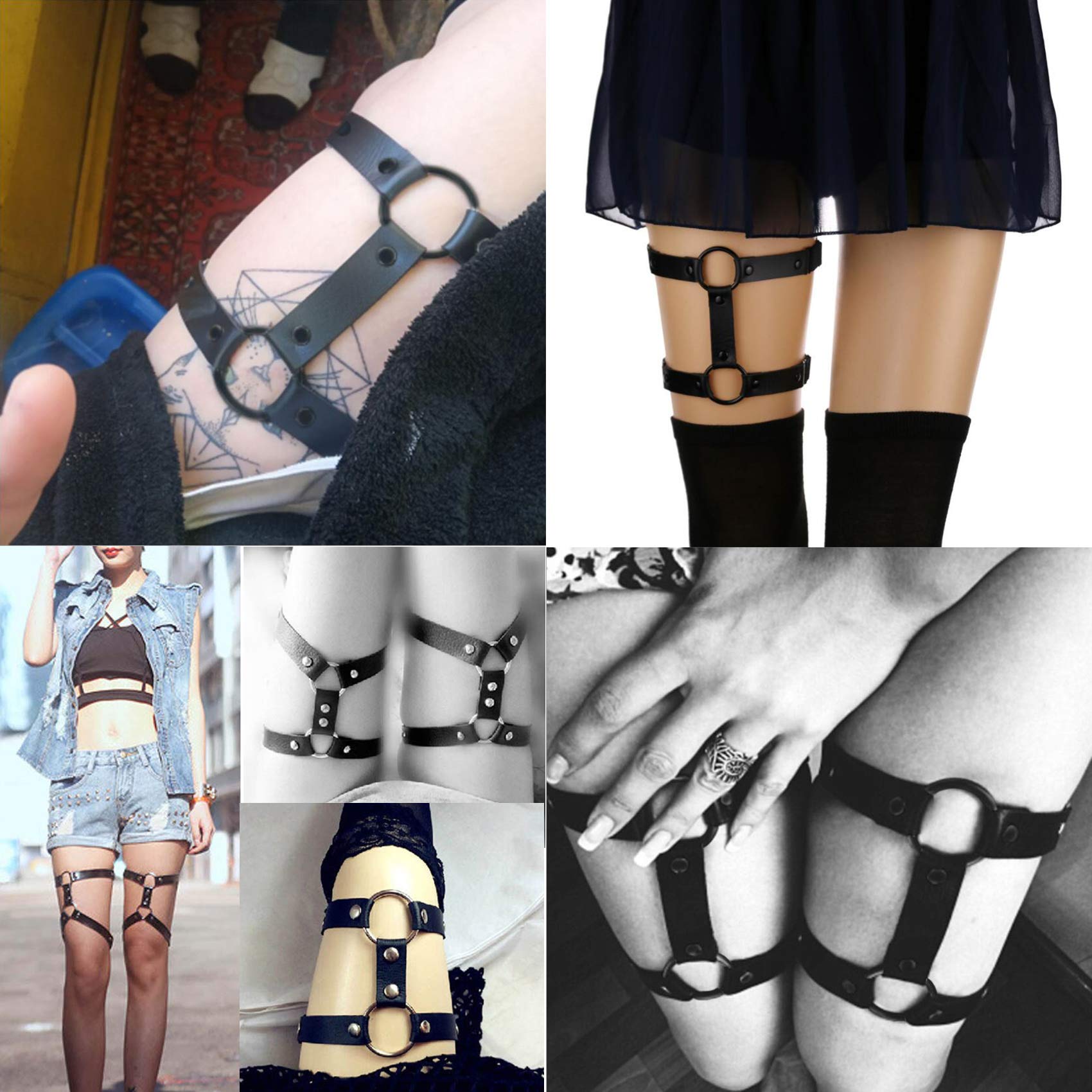 2pcs Adjustable Faux Leather Leg Garter Belt, 2 Rows Elastic Punk Thigh Garter for Women Parties