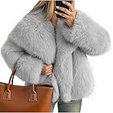Kissonic Women Faux Fur Coat Long Sleeve Lapel Open Front Shaggy Furry Jacket Warm Fluffy Short Outwear