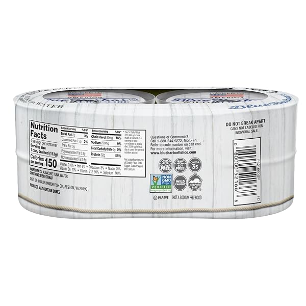 BLUE HARBOR FISH CO. WILD ALBACORE SOLID WHITE TUNA IN WATER, NO SALT ADDED – 4.6 OZ CANNED TUNA (PACK OF 4)
