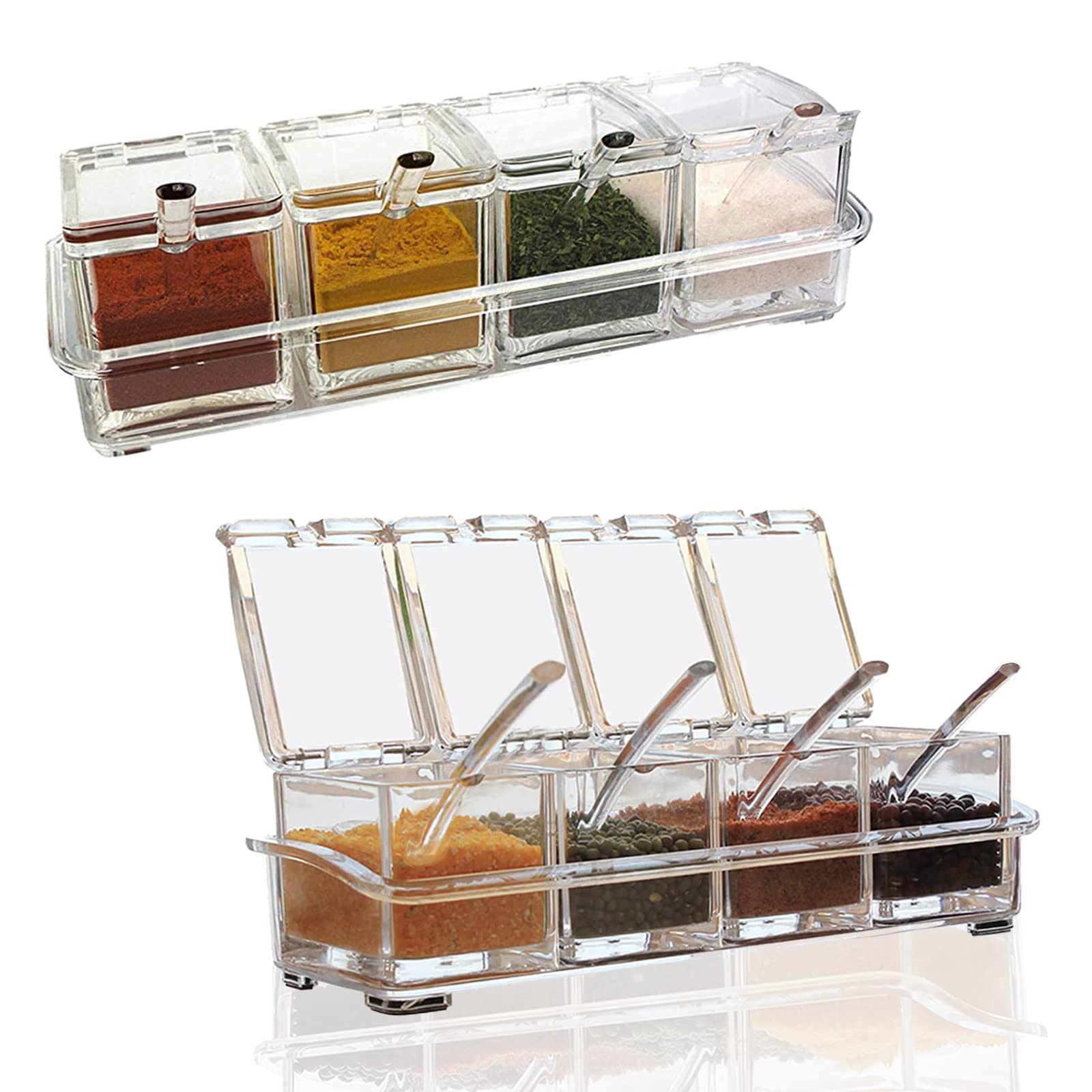 JSUOEO Clear Seasoning Box, Condiment Storage Container Acrylic Seasoning Box Container Condiment Jars with Cover and Spoon for Store Spices Salt Sugar and Condiments 1PCS