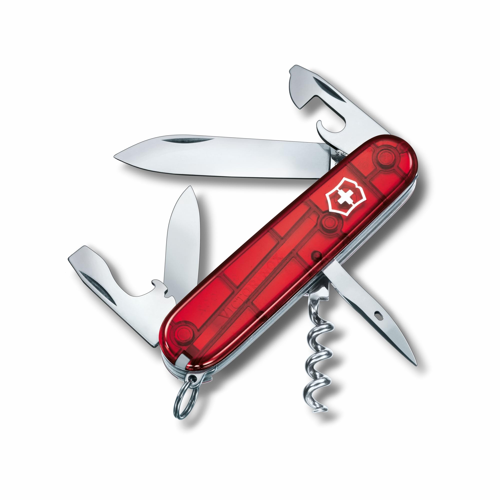 Victorinox Spartan Swiss Army Knife, Camping Pocket Knives, Medium, Multi Tool, 12 Functions, Blade, Bottle Opener, Red Transparent