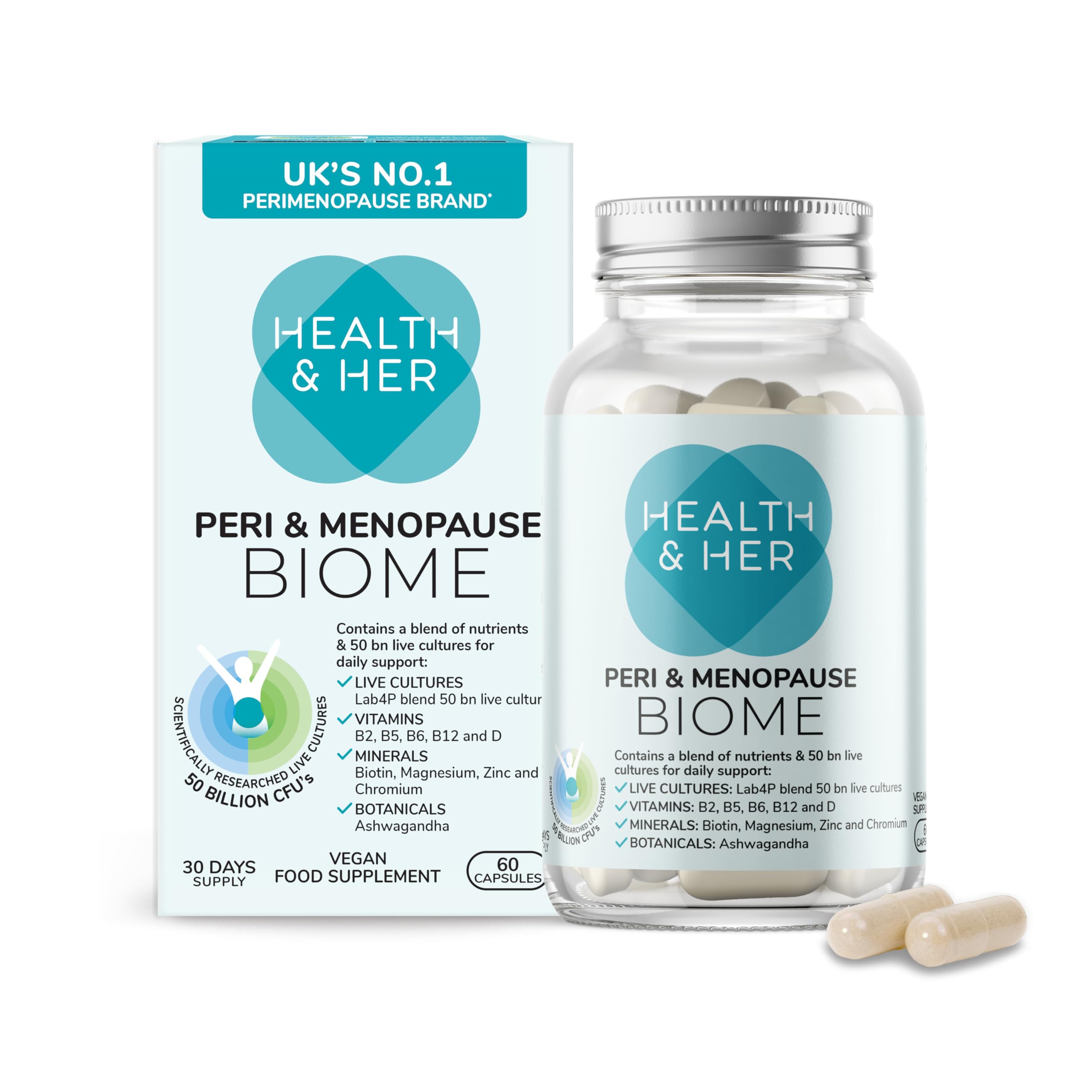 Health & Her Perimenopause & Menopause Biome Supplement for Women, with Live Cultures & Ashwagandha, Vegan & Gluten Free, 30-Day Supply, 60 Capsules