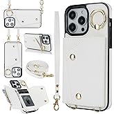 LUVI Compatible with iPhone 15 Pro Wallet Case with Card Holder Crossbody Neck Strap Lanyard Wrist Strap Purse for Women PU Leather Flip with Credit Card Kickstand Stand Cover White