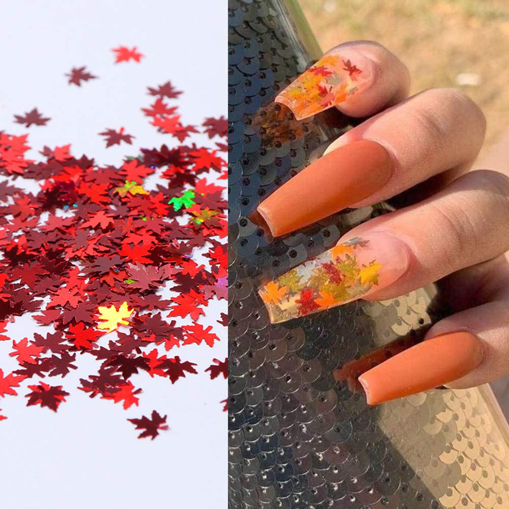 Macute Fall Nail Art Glitters Maple Leaf Nail Sequins, 12 Grids Autumn Leaf Shape Flakes Holographic Gold Red Maple Leaves Paillettes Designs for Nails Gel Polish Supplies Manicure Tips Decorations : Beauty